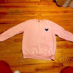 Men’s Pink Embroidered Butterfly Crewneck Sweater, Size M
